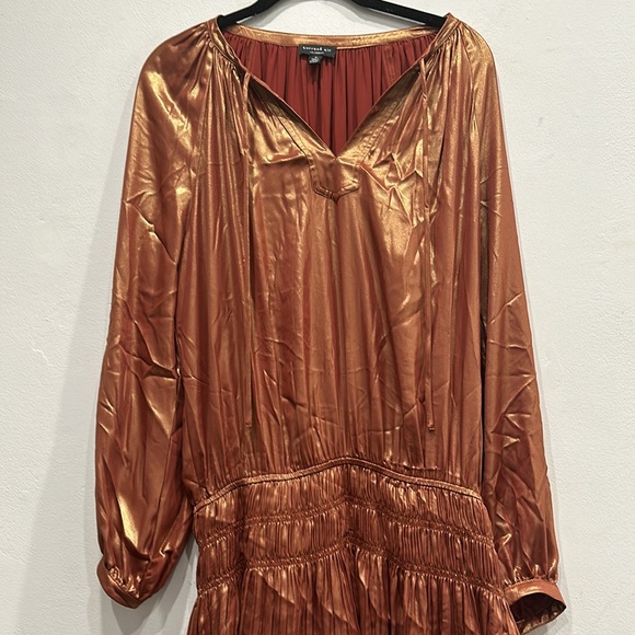 Current Air MINI DRESS metallic bronze pleated mini dress long sleeve small NWOT - Picture 7 of 11